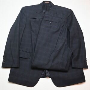Angelo Nardelli 44R 38x32 Navy Blue Plaid Flannel Wool Mens Jacket Pants Suit